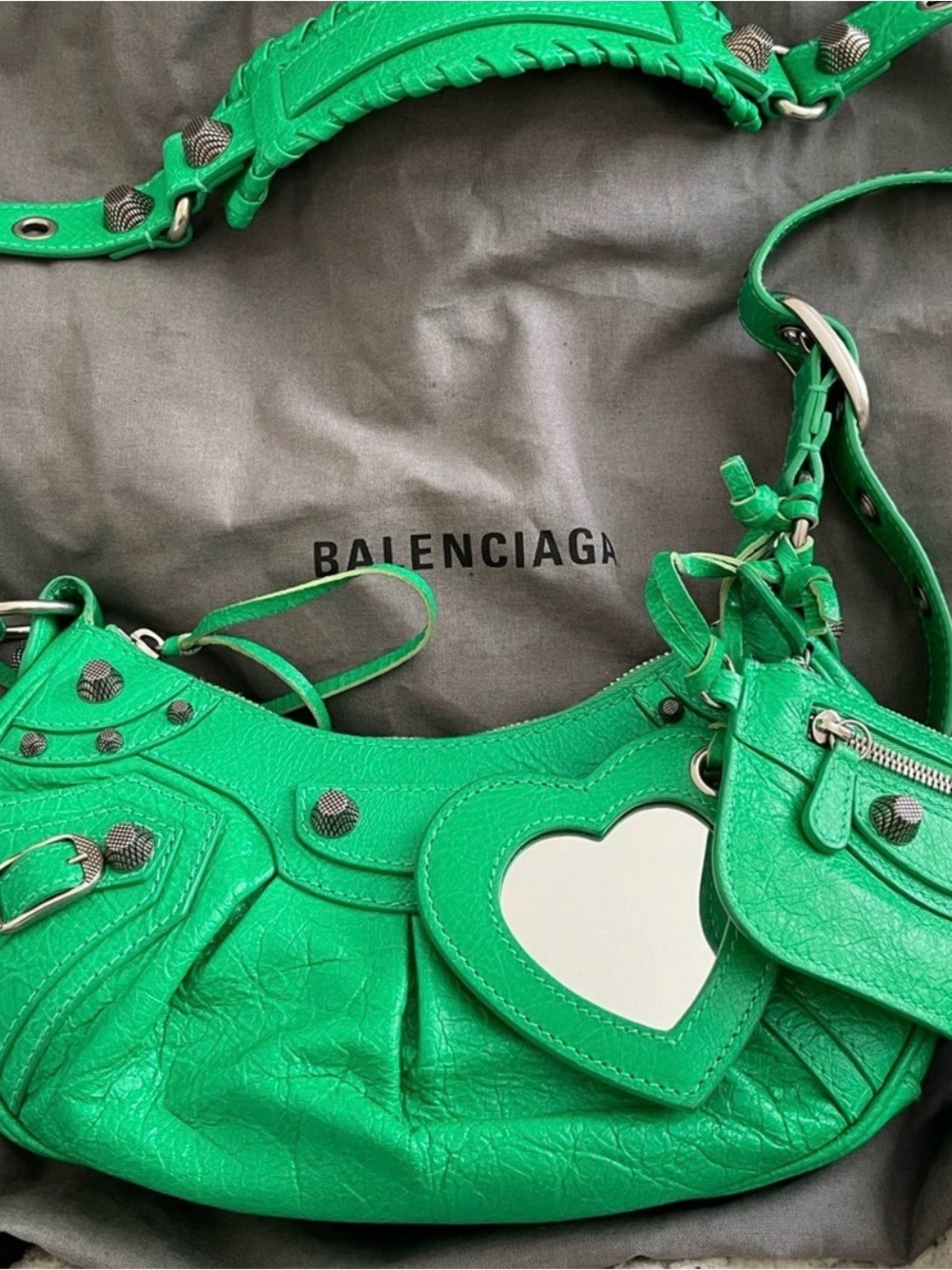 Balenciaga LE CAGOLE 
Bright Green Leather Shoulder Bag with Heart Mirror Charm